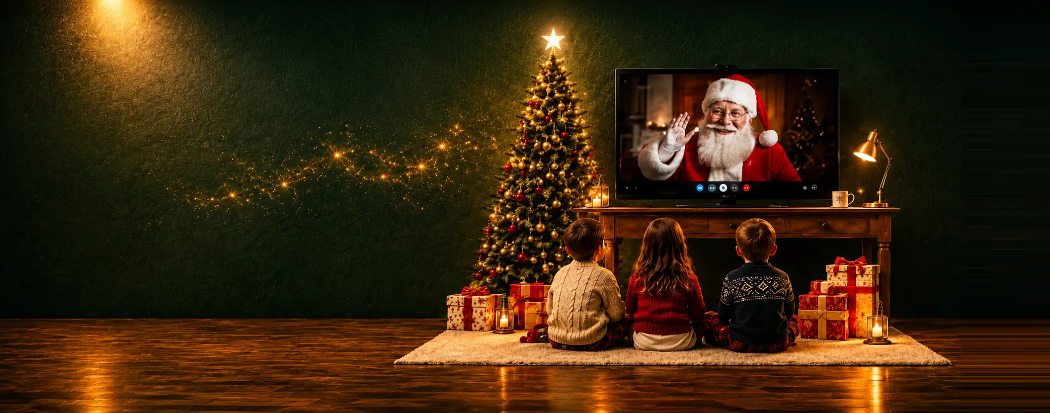 Three children sitting on a rug watching Santa wave to them from a television, beside a lit Christmas tree